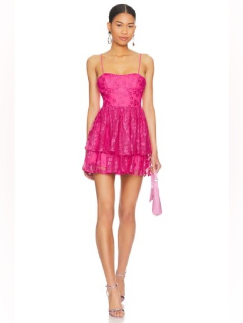 NWT Lovers and Friends Pink Lace Tiered Mini Dress Party Cocktail M Bachelorette